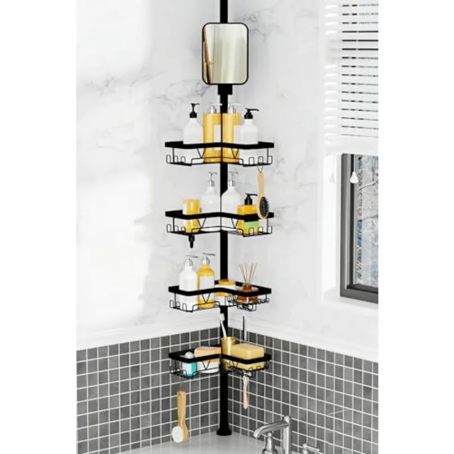 

Shower Caddy Tension Pole with Anti-Fog Shaving Mirror Tension Rod Shower Caddy Corner for Bathroom Organizer Black
