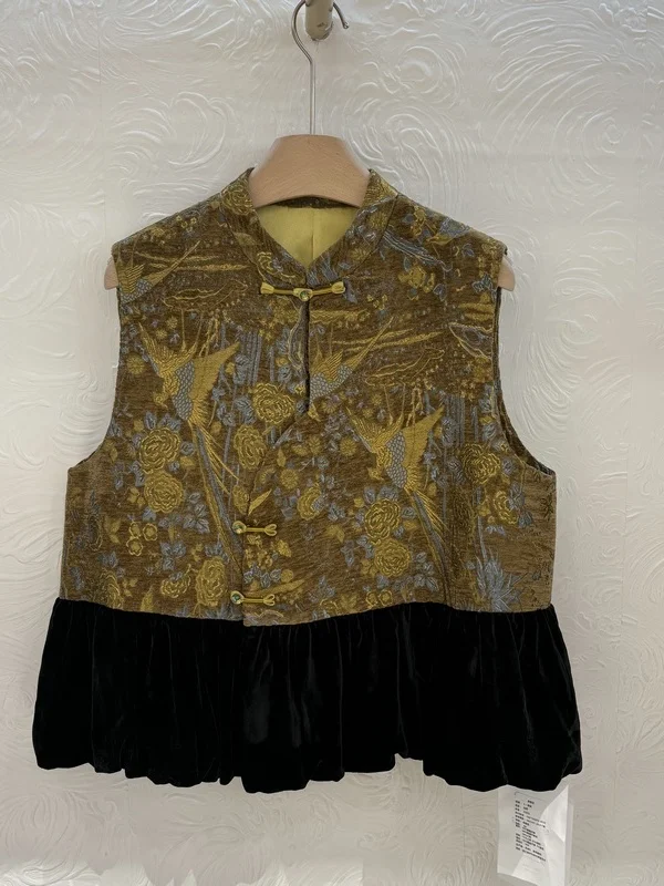 

High-End Velvet Chinese Style Waistcoat Spring Collection Sleeveless Women's Jacket Stand Collar Single Button Closure