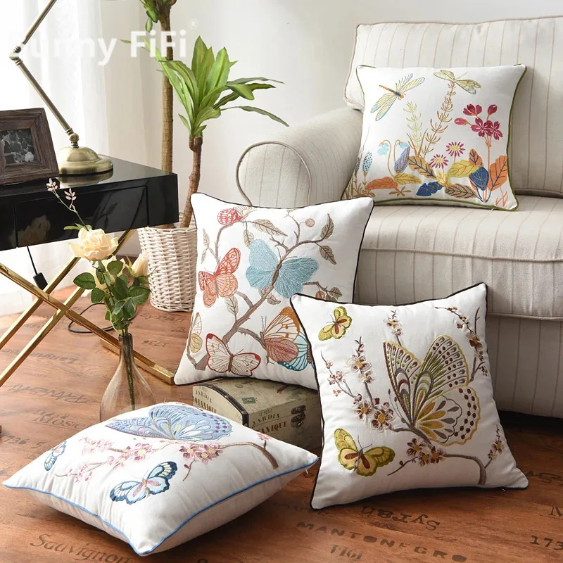 Butterfly Cushion Cover 45x45cm Floral Country Style Pillow Cover Cotton Embroidery Suqare Home decoration for Living Room