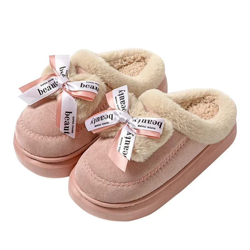 Winter Cute Bow Cotton Home Slippers Women Indoor Plush Warm Slides Couples Floor Soft Fur Cozy Sandals Adults Beautiful Shoes