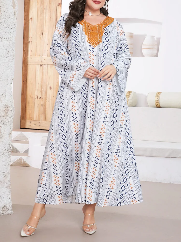 GIBSIE حجم كبير التباين الدانتيل الخامس الرقبة طباعة فستان مناسبات المرأة الربيع والخريف طويلة الأكمام فضفاضة فساتين ماكسي امرأة عادية