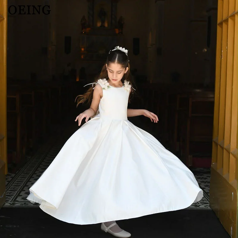 OEING Simple A-Line Flower Girl Dresses Princess Sleeveless 3D Flowers Maxi Wedding Party Dress Flowy Birthday Dress Customized