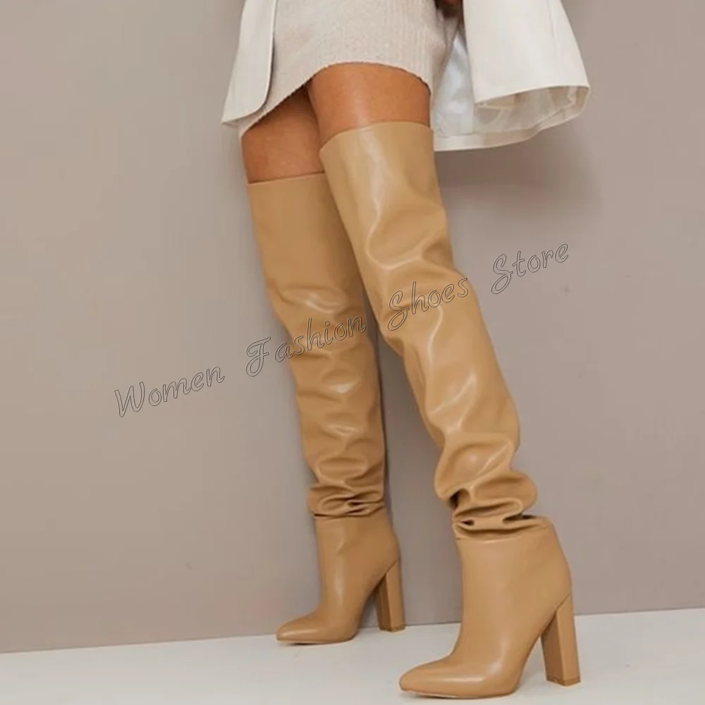 Khaki Over the Knee Pleated Boots Chunky High Heels Matte Leather High Heel Shoes for Women Heels 2024 New Zapatos Para Mujere