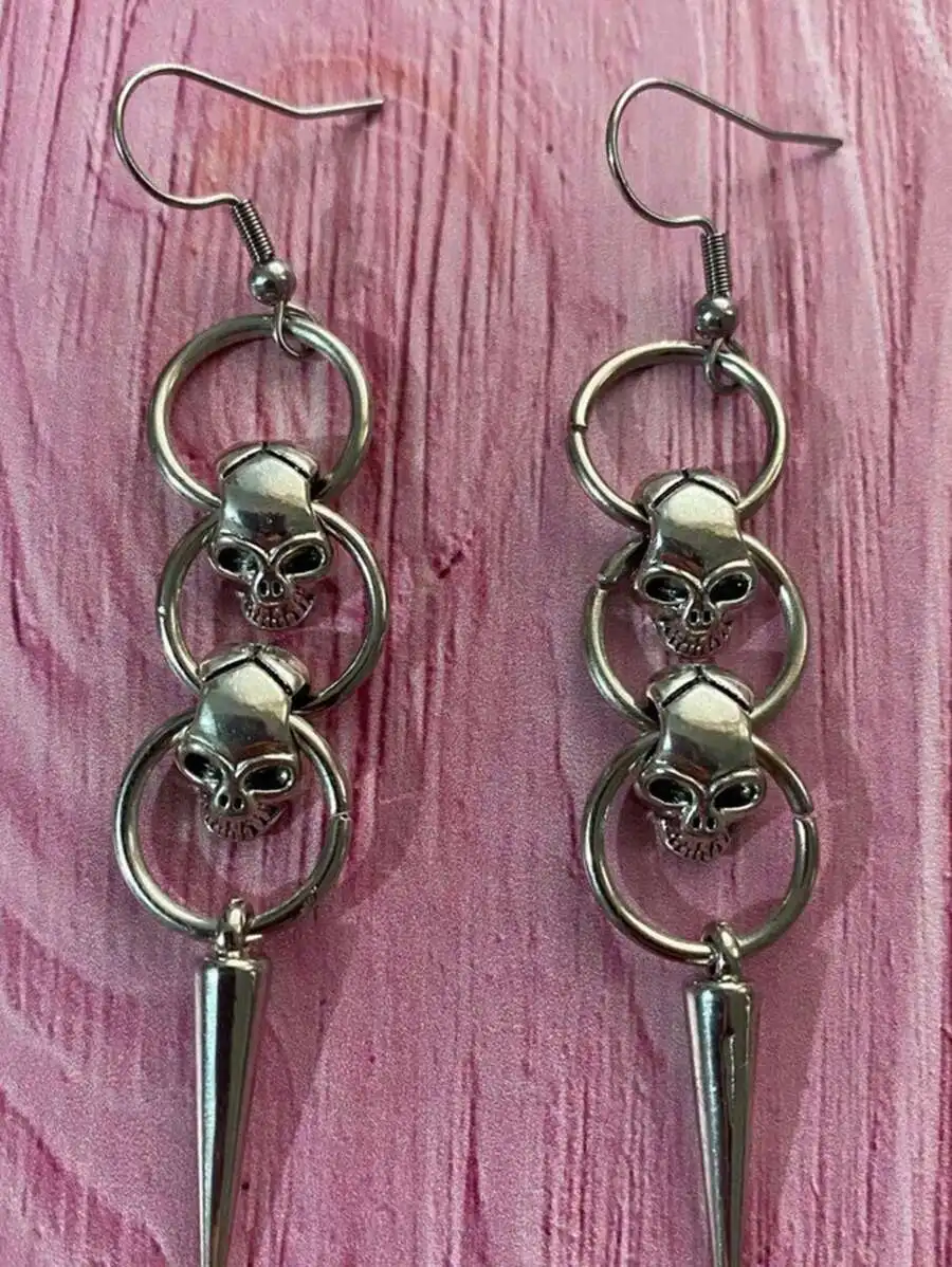 Gothic Skull Drop Earrings With Hoops And Spike Pendant For Adults