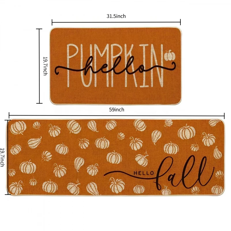 Orange Hello Pumpkin Fall Kitchen Mat Set 19.7*31.5+17x59 Inch Non Slip Decorative Autumn Floor Rug for Kitchen Home Decor