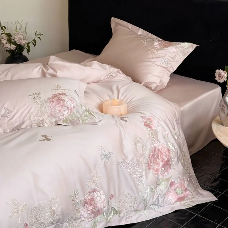100S Long-staple Cotton Four-piece Set Embroidery Soft Skin-friendly Duvet Cover Bed Sheet Pillowcase Bedding Set All-season