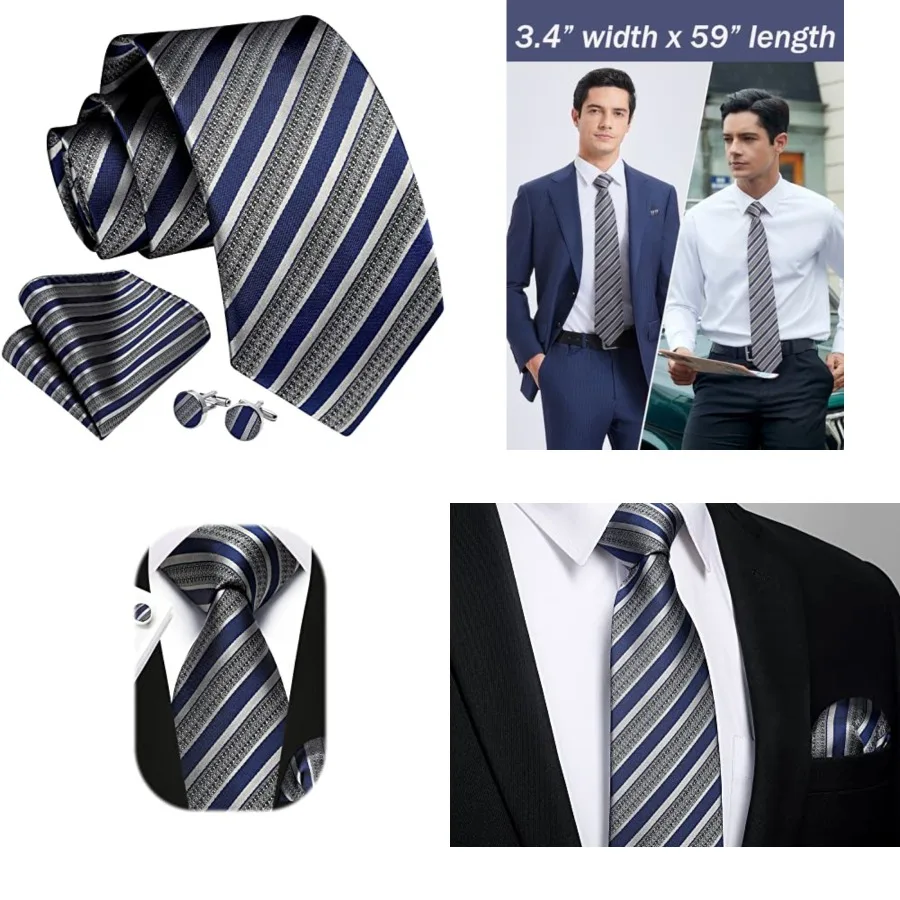 

Mens Ties Stripe Tie and Pocket Square Set Classic Formal Woven Neckties Handkerchief Cufflinks Wedding，C04-navy Blue & Grey