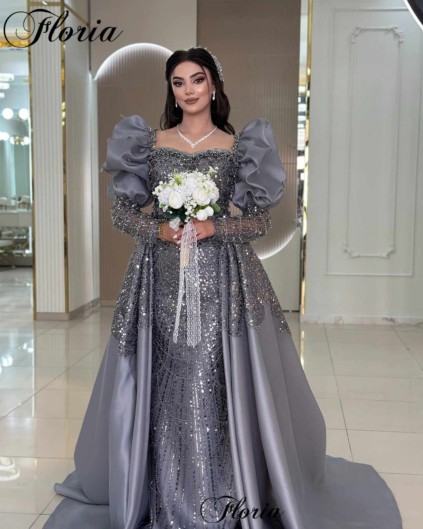 

Темно-серые мусульманские вечерние платья со съемным шлейфом, расшитые бисером и квадратным вырезом, свадебные платья, платья для выпускного вечера Robes De Soirée