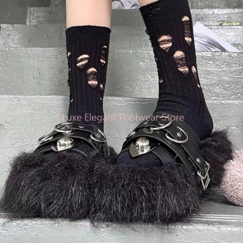 

Black Furry Platform Belt Buckle Peep Toe Slippers Women Helght Increasing Leather Slip On Slippers Punk Gothic Party Sandals