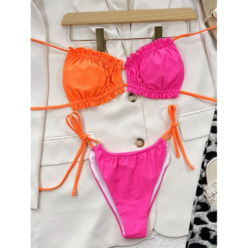 Sexy micro bikini maiô 2024 mulher bandeau banho tanga biquinis define brasileiro feminino maiô praia rosa laranja biquini