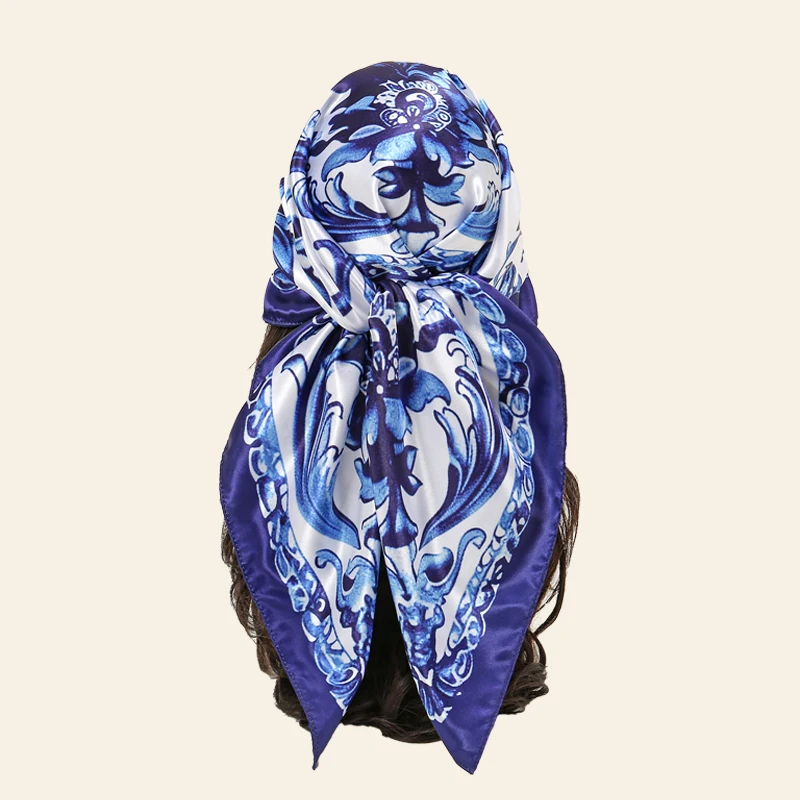 جديد الأزرق والأبيض الخزف باندانا أشرطة رأس للمرأة الساتان وشاح مربع مسلم مطبوعة الحجاب عمامة السيدات ساحة عقال