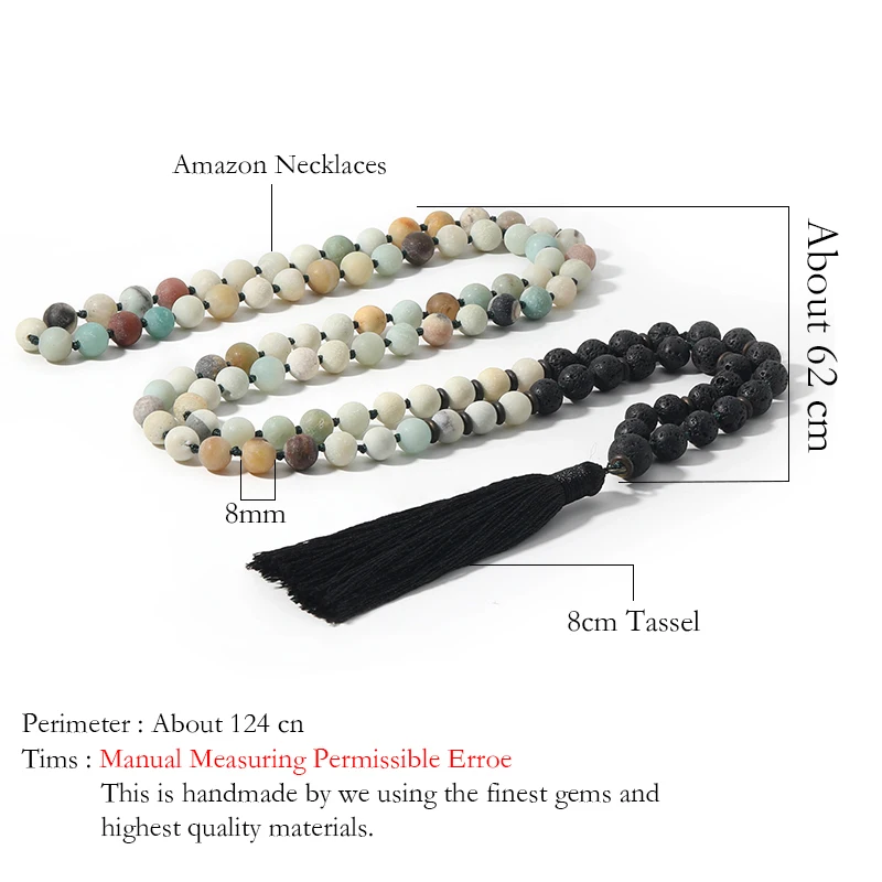 OAIITE 108 Japamala Rosary Necklace Volcanic Lava Amazon Stone Necklace Yoga Meditation Reiki Energy Stone Long Chain Jewelry