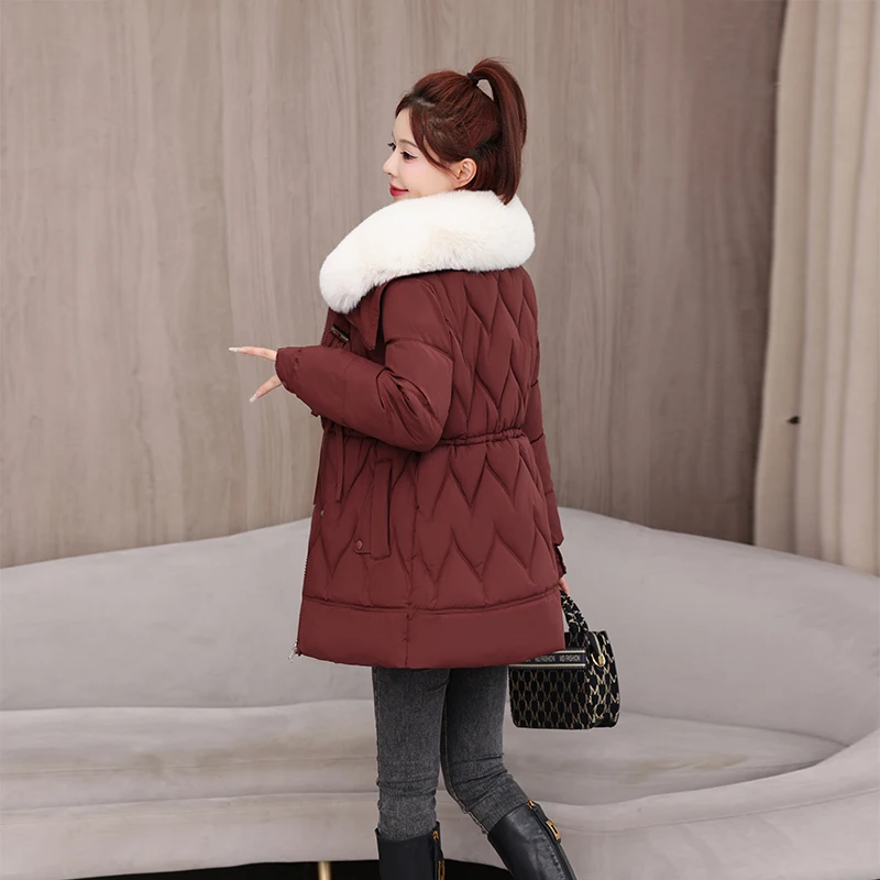 

Winter Thiened Large Fur Collar Waist-Cinching down Jaet plus Size Loose Women ort Size Cotton Clothes Outerwear