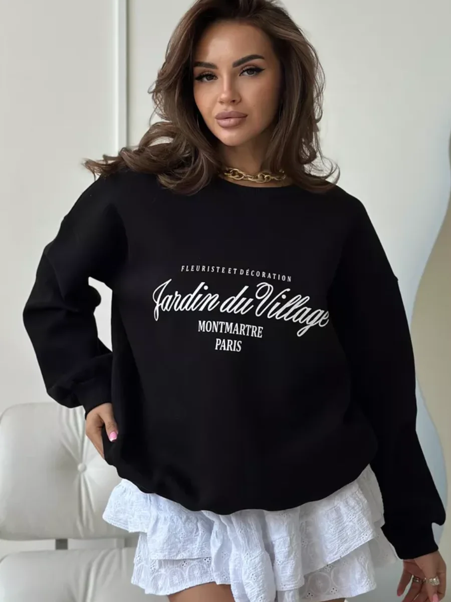 Women's Top American Retro Spring and Autumn European and American Style Ins Niche Printed Round Neck Hoodie