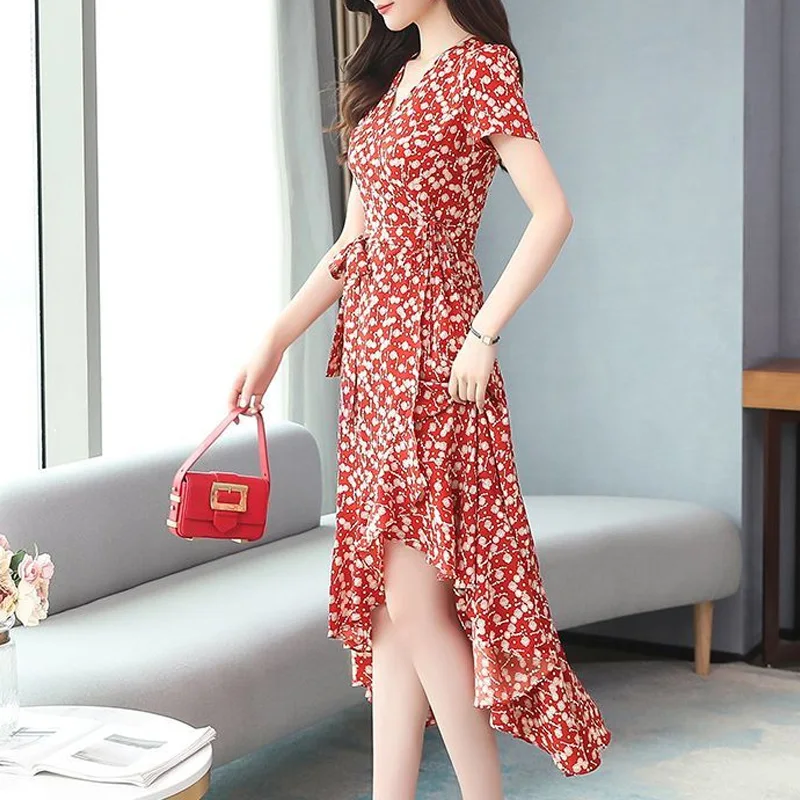 2023 New Summer Elegant and Fashionable V-neck Fashion Printed Belt Slim Fit and Irregular Belly Covering Women's Dress