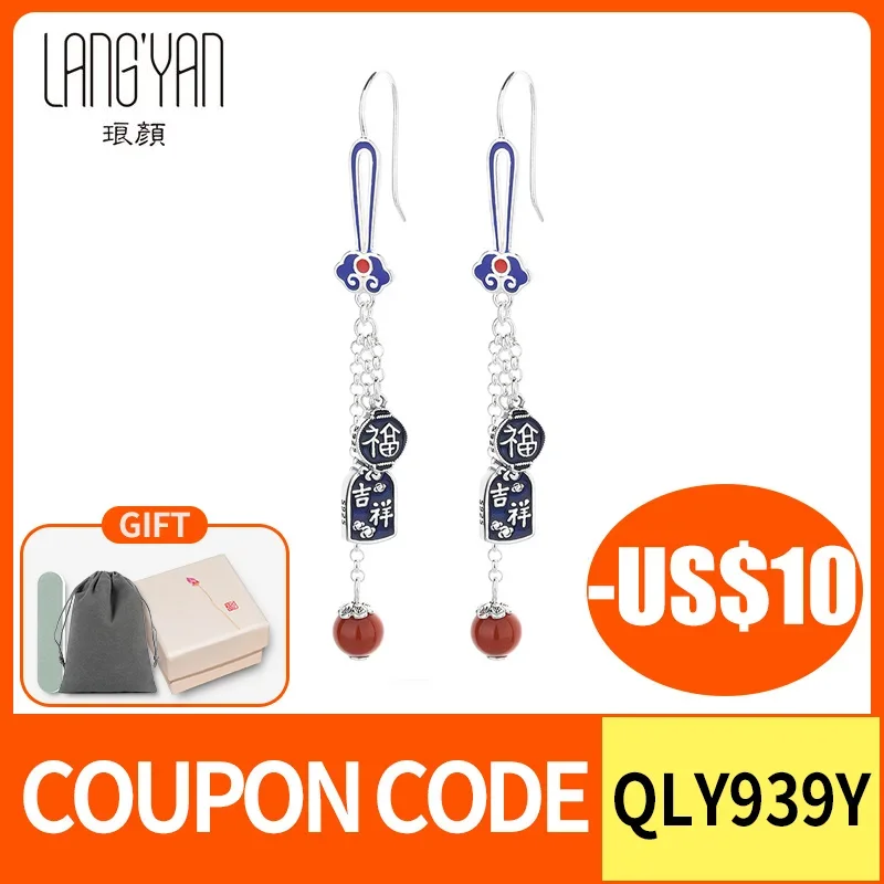 

925 Sterling Silver Vintage Agate Blessing Character Tassel earrings Ethnic Style Enamel Long For Women EH246