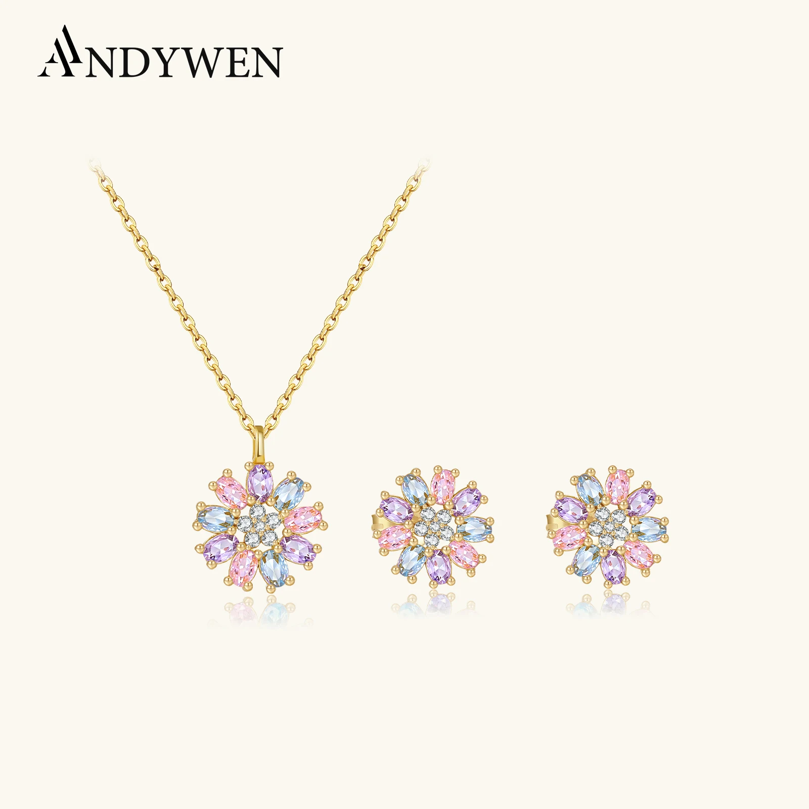 

ANDYWEN Комплект ювелирных изделий из стерлингового серебра 925 пробы с цветным овальным цирконом, роскошное милое ожерелье и серьги, идеальный подарок для свиданий