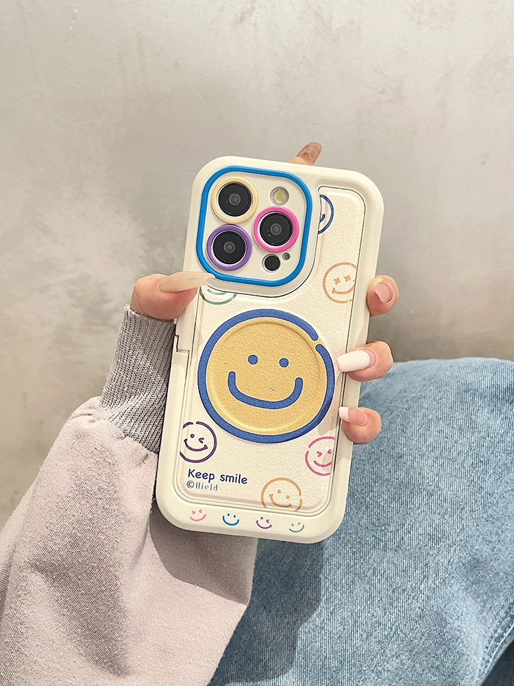 Cartoon Smile Leather Magnetic Wireless Charge Invisible Bracket Case For iPhone 11 12 13 14 15 Pro Max Plus For Magsafe Cover