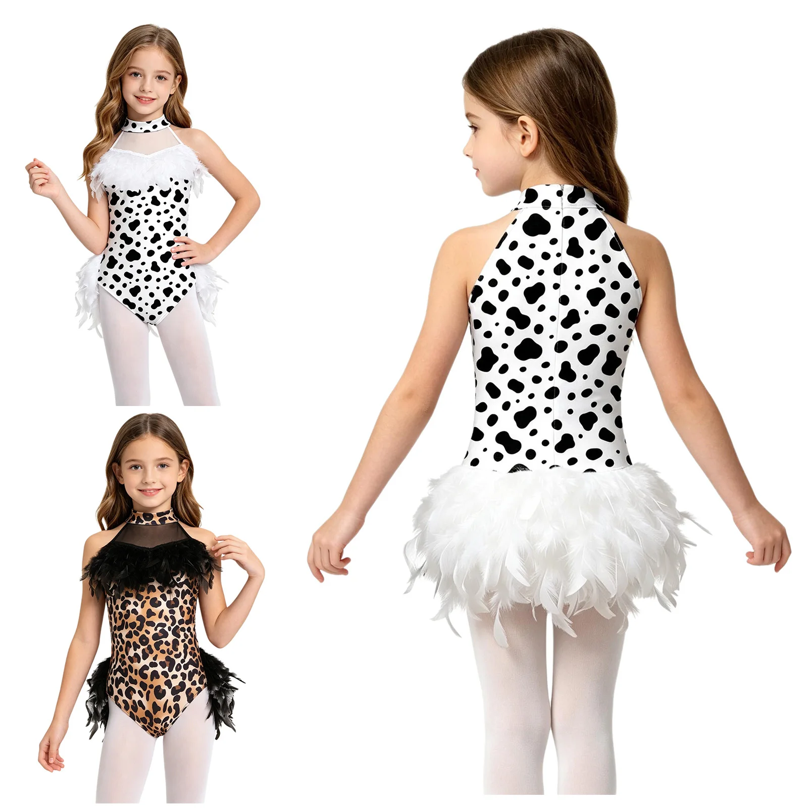 Girls Jazz Dance Performance Bodysuit Rhinestone Sparkly Sleeveless Leopard Printed Feather Contrast Leotard Modern Dance Wear