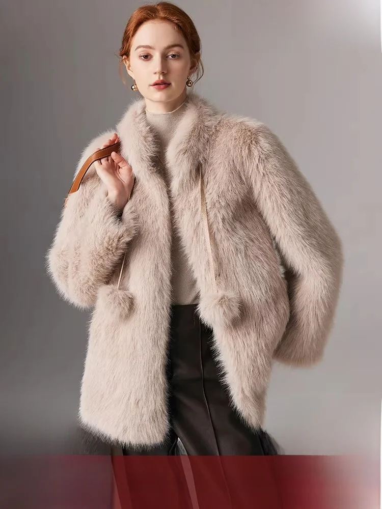 

Экологичная шуба с мехом, женская зимняя шуба из цельной кожи с мехом живота, богатство, маленькое шариковое пальто, длинное свековое корейское Sle