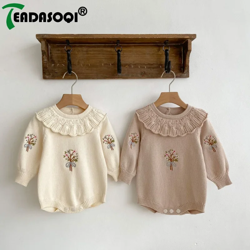 

Autumn 2024 Newborn Baby Girls Flower Embroidery Knitted Hollow-out Overalls - Full Sleeve Jumpsuit Bodysuit - Infant Kids 0-2Y