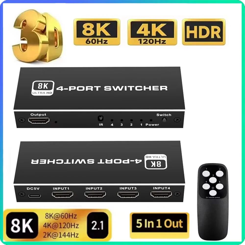 

5 in 1 out HDMI-compatible 2.1 Switcher Selector HD Switch 8K 60Hz 4K 120Hz 4 IN 1 HDMI-compatible Splitter for laptop Switch TV