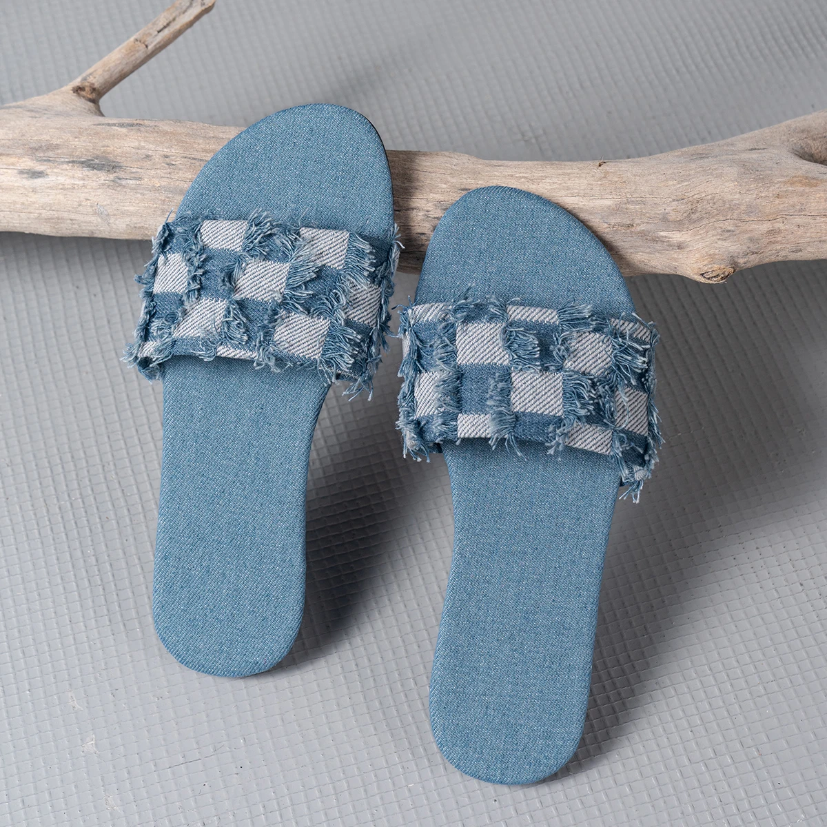 Denim Summer Slippers Women Flat Luxury Outdoor Beach Flip Flops Female Sandals Checkered Design Slides Shoes Woman 2024 Size 43