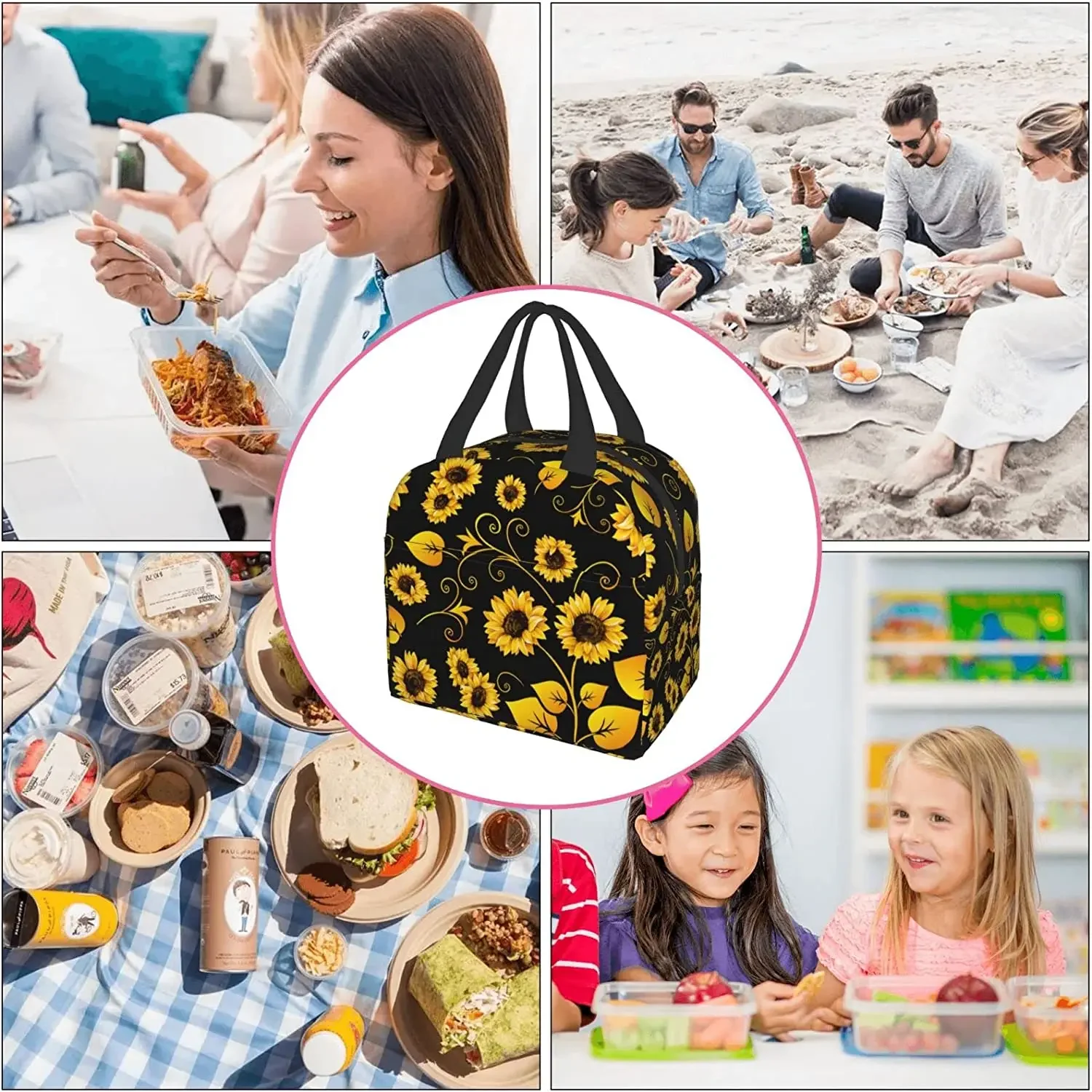 Sunflower Insulated Lunch Bag for Women Men Washable Cooler Tote Bag Reusable Lunch Box Lightweight for Office Work Picnic Beach