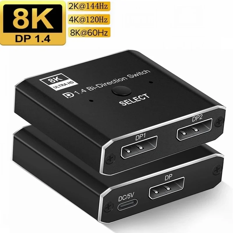 2X1 1X2 Displayport Bi-Direction Switch 8K@60Hz 4K@120Hz Manual DP Bidirectional Switcher 2 in 1 Out For PC Monitor Projector TV