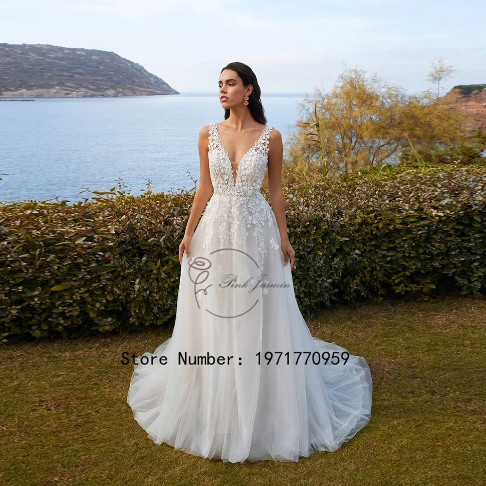 

V Neck Wedding Dress For Women Applique Elegant Sweetheart Sleeveless Bride Gowns Sexy Backless Court Train Rode De 2024