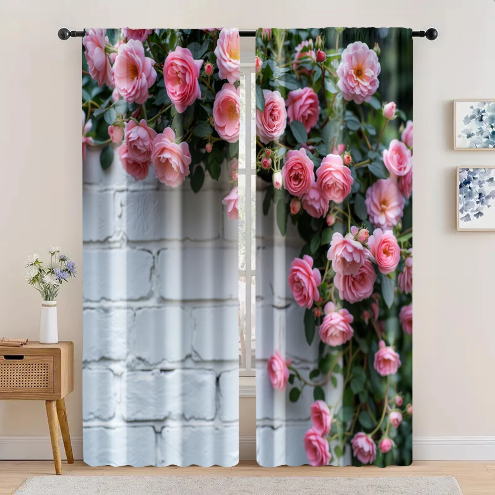 2pc,  Drapes Luxurious pink roses and brick walls Blackout  Polyester Birthday Party for Parties and Everyday Decor, Easy Hang