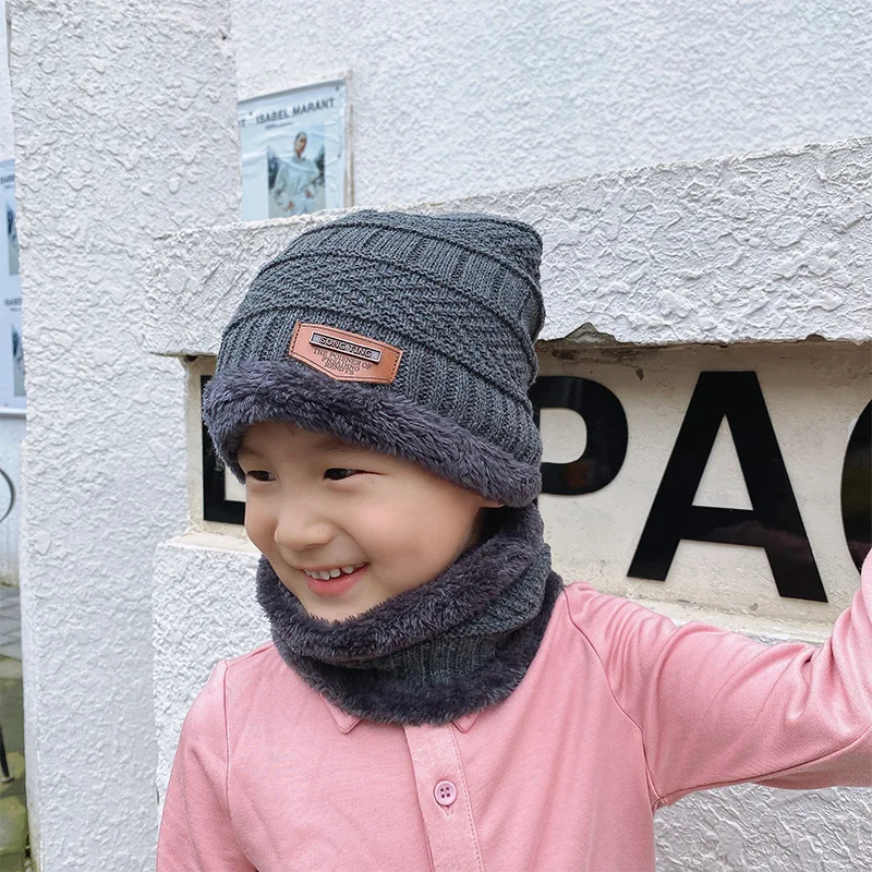 Gorro de punto de terciopelo para niños, bufanda cálida de una pieza, gorro de lana gruesa, protección para los oídos, gorro a prueba de frío