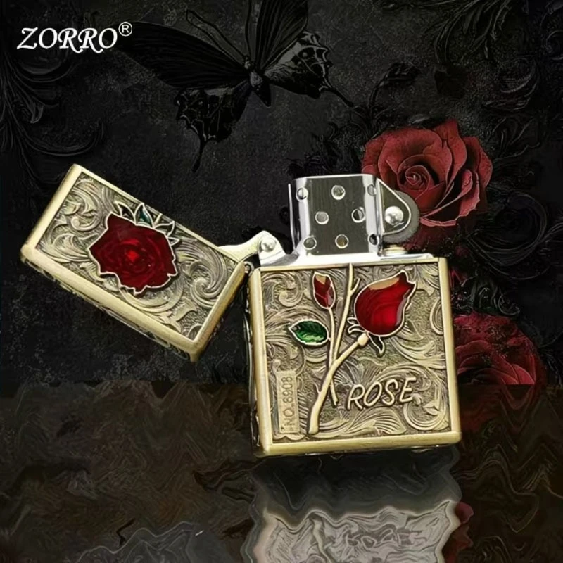 2026 Zorro Armor Metal Windproof Kerosine Lighter Tangcao Rose Retro Grinding Wheel Smoking Lighting Tool Birthday Gift for Boys