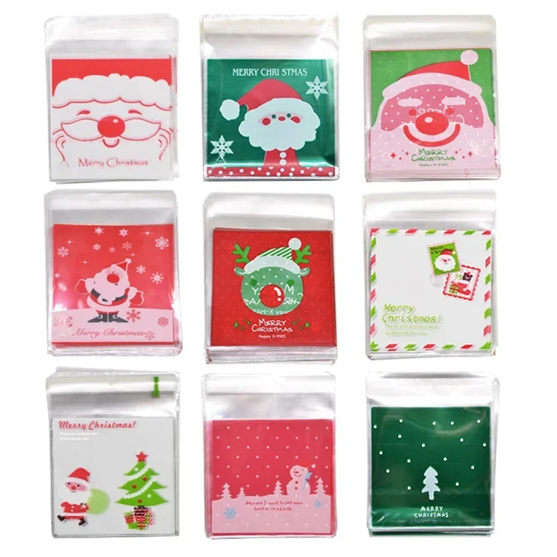 

50Pcs 10x10cm Christmas Candy Cookie Gift Bags Plastic Self-adhesive Biscuits Snack Packaging Bags Xmas Party Decoration Favors