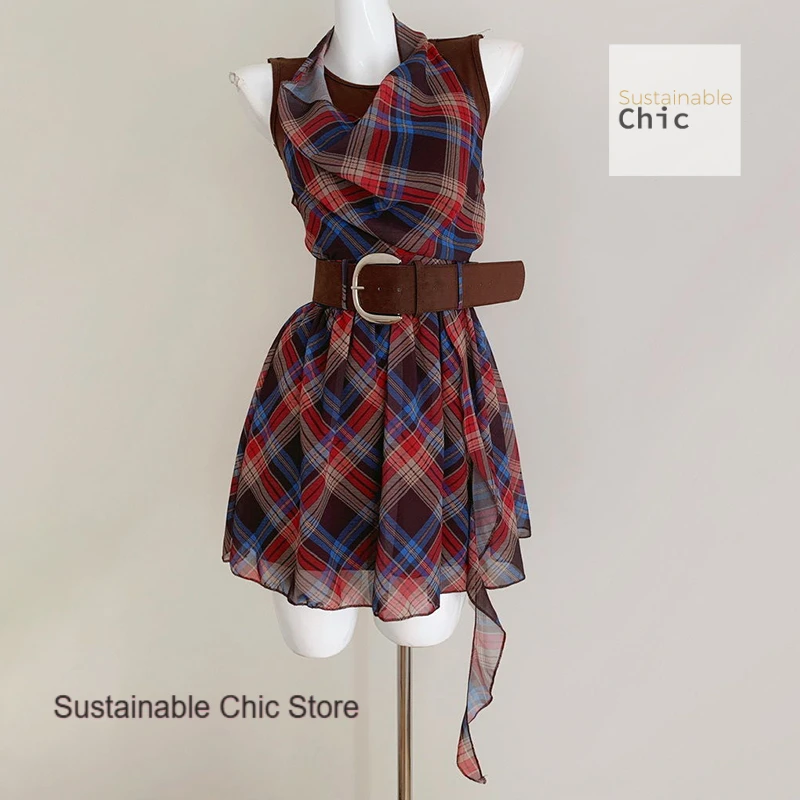 

American retro short sleeveless dress with irregular red stripes for women's summer new slim temperament casual waist skirt