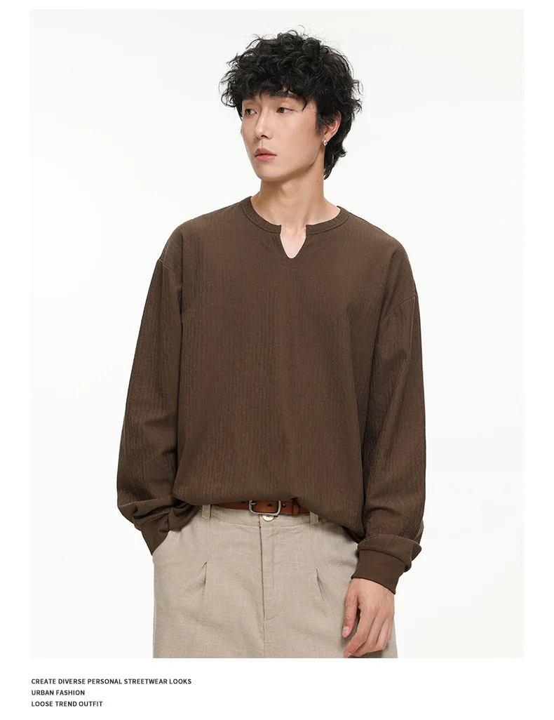 PFNW Versatile Solid Color Casual Base Shirt Men's V Neck Textured Long Sleeve T Shirt 2026 Autumn New Tide 28L3528