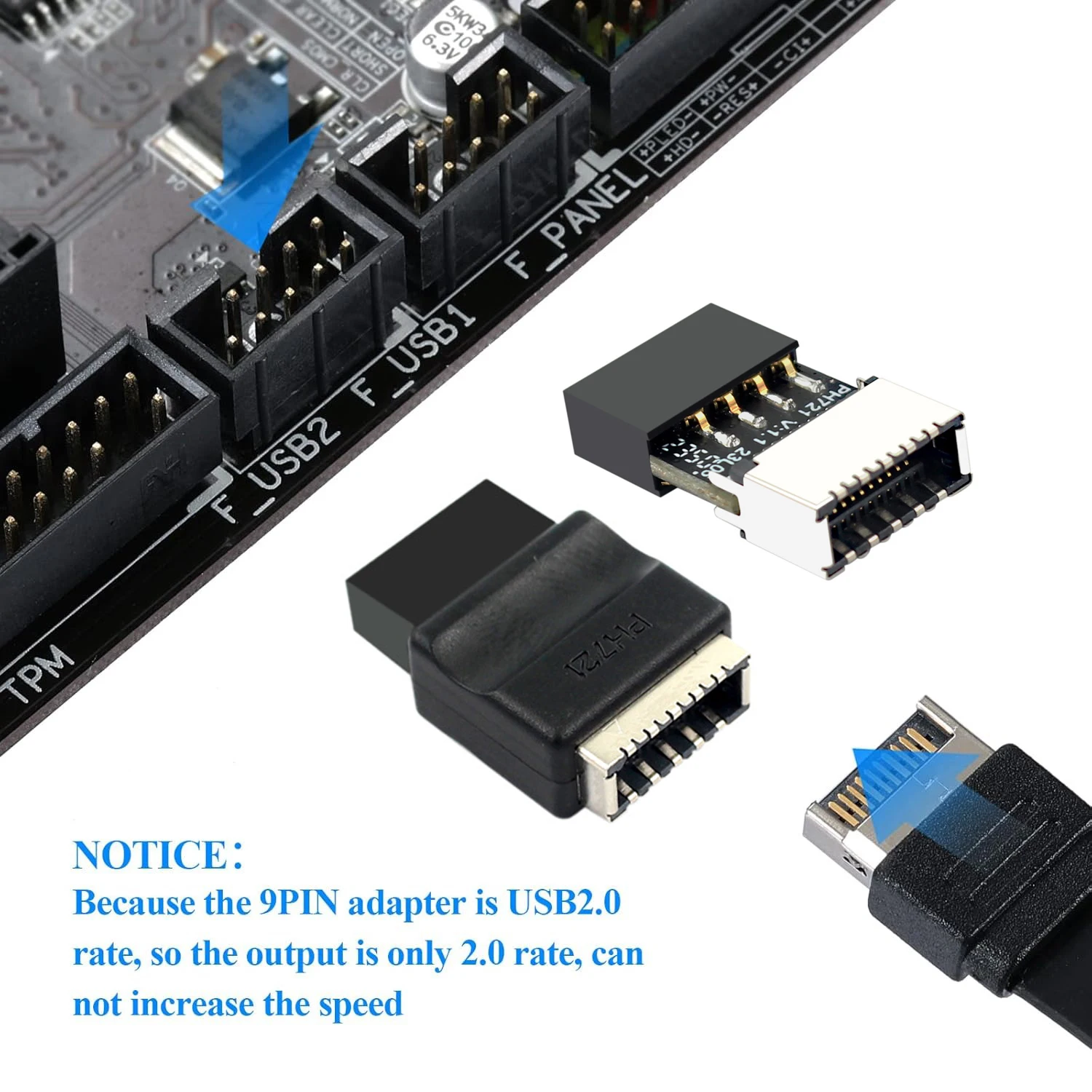 Motherboard USB 2.0 9-Pin to USB C Type-E Front Panel Header Key-A Socket to 9Pin Connector Extension Adapter for Desktop PC