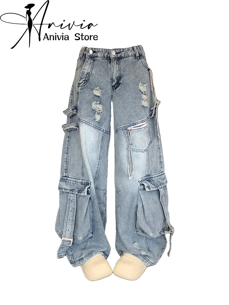 

Women's Blue Cargo Baggy Jeans Y2K Fashion Harajuku High Street Aesthetics 2000s Style High Waist Wide Leg Pants Jeans Clothing