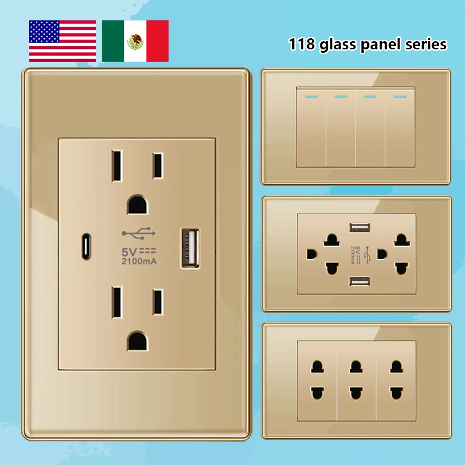 Depoguye US Mexico Wall Light Switch Socket 5V 2.1A USB Type-c Charger Plug,Golden Glass Panel American Standard Power Outlet