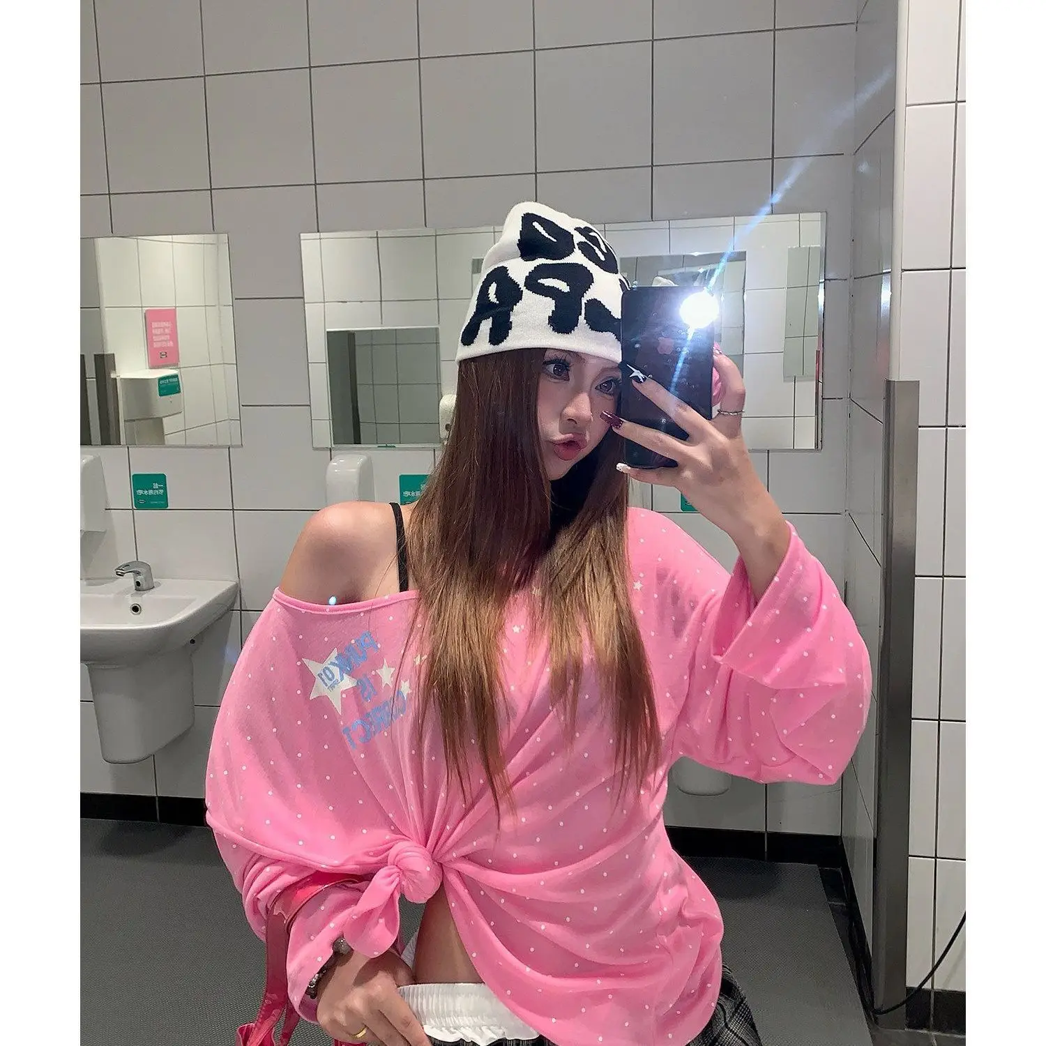 American Spicy Girl Slant Shoulder Shirt Loose Wave Point Show Thin Lazy Long Sleeve Casual Summer T-shirts Top