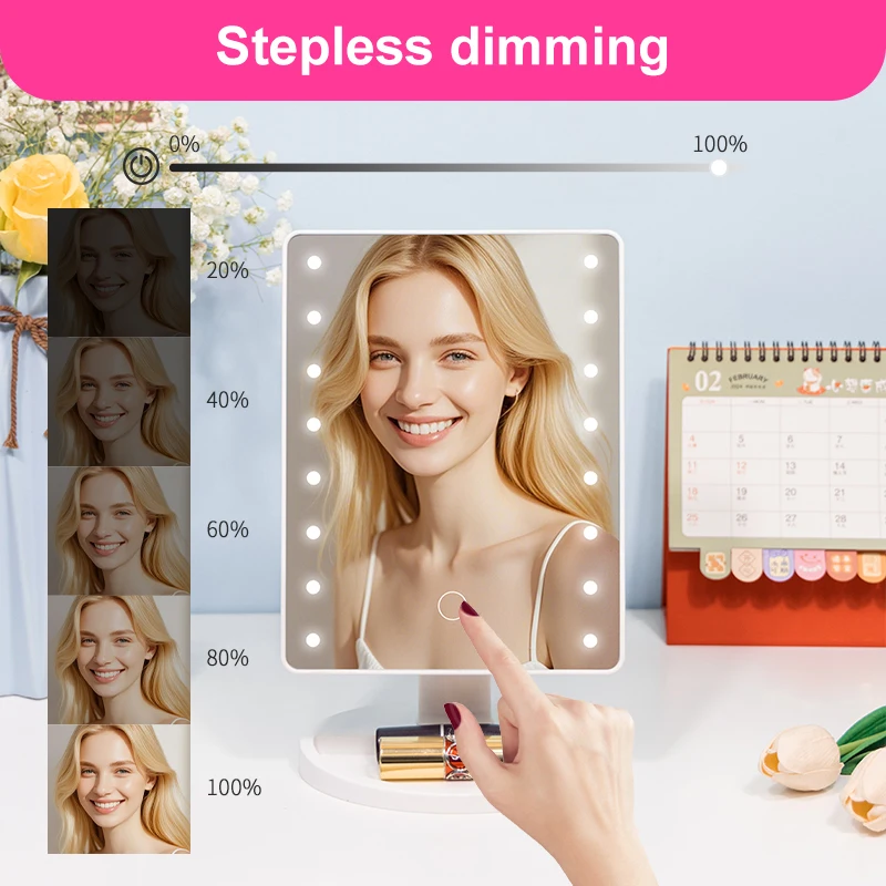 مرآة مكياج سطح المكتب مع أضواء 16 LED تعمل باللمس يعتم مرآة مكتب طاقة مرنة بواسطة بطارية أو USB محمولة للمنزل والسفر #3