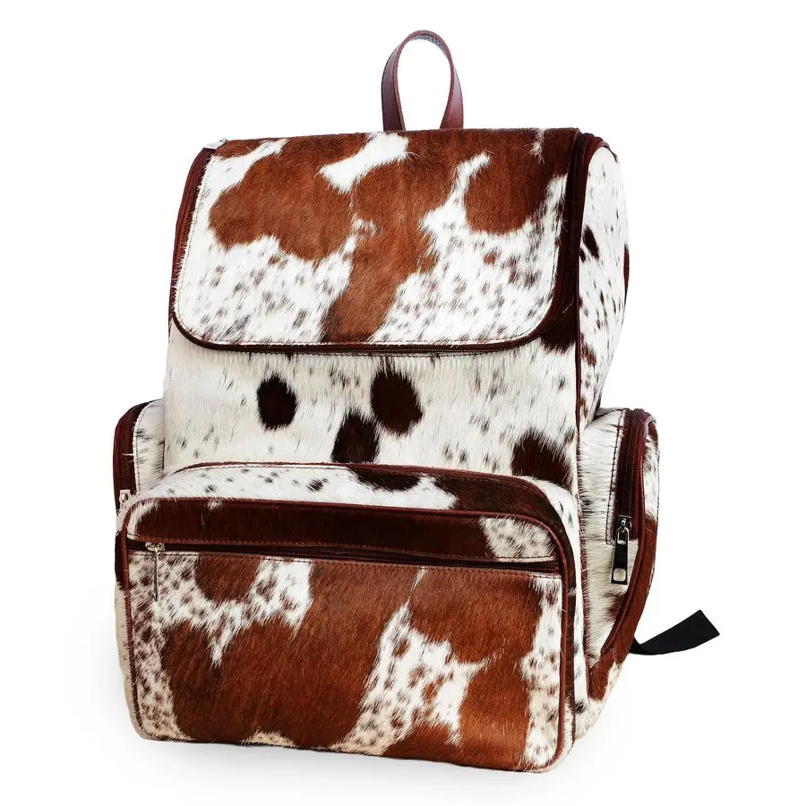 

Western Cowhide Leather Diaper Backpack Cow Print Cute Shower Gifts For Mom Large Travel Bag Brown amp White