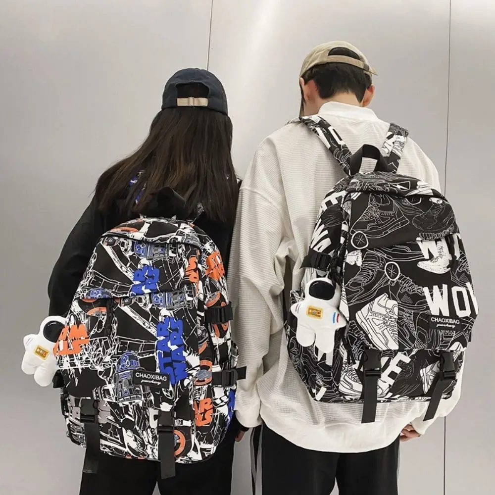 

Nylon Versatile Backpack Trendy Black Grey White Graffiti Travel Bag Washable Large Capacity School Student Backpack Unisex