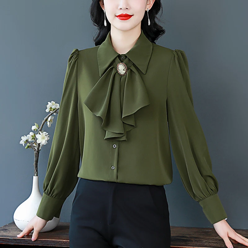 2024 New Elegant Fashion Satin Shirt Spring Bowknot Ruffle Tops Long Sleeve Single-breasted Occupation OL Blouse