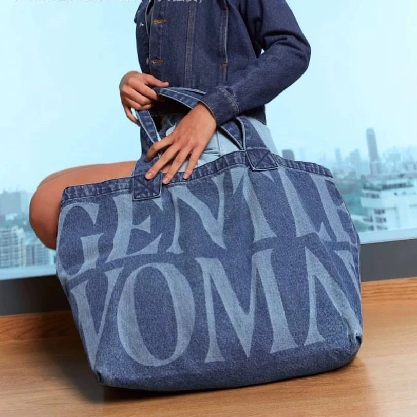 

GEETLE WOMAN Thai niche classic denim tote large bag letter handbag out travel canvas bag