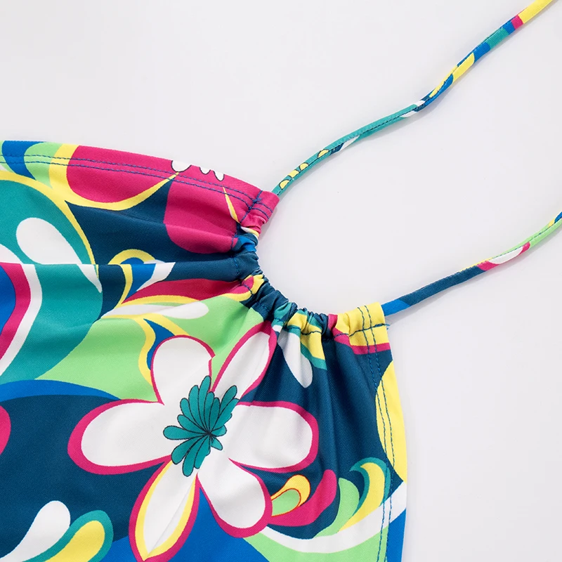 CUTENOVA-mono con estampado Floral colorido o Color sólido para mujer, mono curvo con tirantes y lazo en el cuello, mono sin espalda de siete puntos