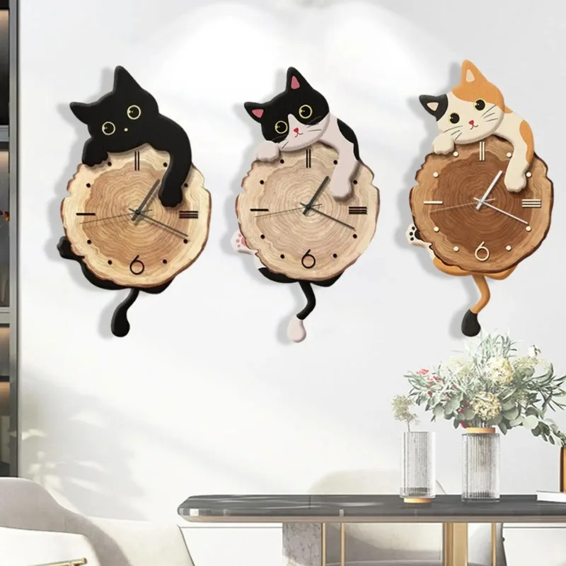 Creative Fun Cat Wall Hanging Clock Stylish Cute Pendulum Decorative Clock Wall Ornament for Bedroom Kids Room  Home Decor Gift