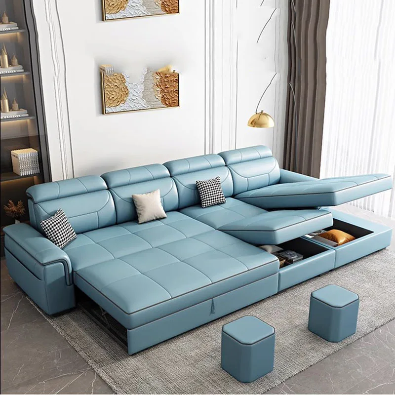 

Cozy Modular Waterproof Sofas Beds Luxury Lounge Blue Nordic Modern Living Room Sofas Leather Foldable Divano Letto Furniture