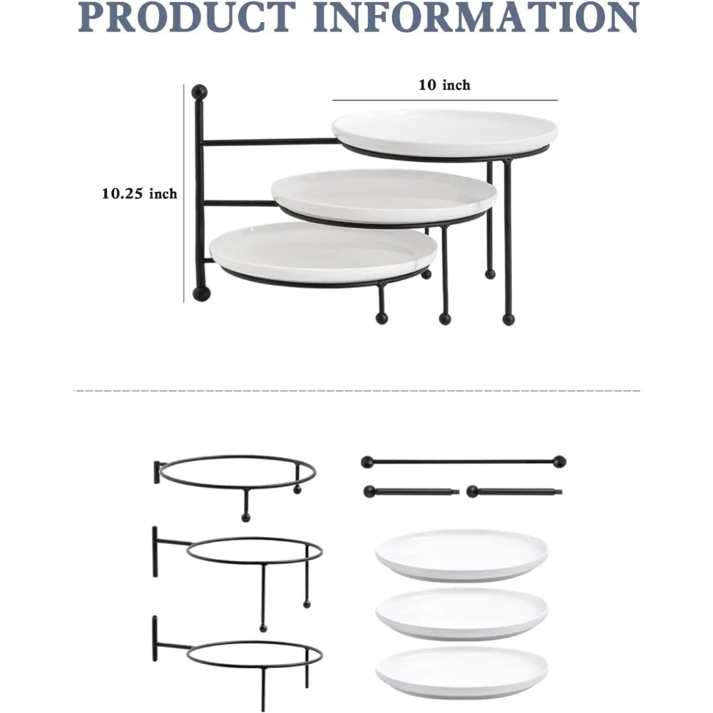 3-х уровневая сервировочная подставка с белыми фарфоровыми тарелками, круглый поднос 10 дюймов, набор витрин для десертного стола, черная металлическая подставка, универсальная и D