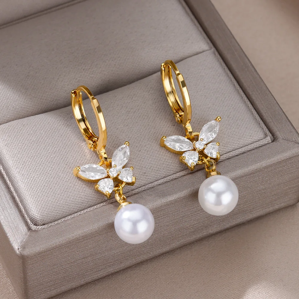 Imitation Pearl Butterfly Earrings For Women Stainless Steel Geometric Hoop Earring Wedding Bridesmaid Fashion Jewelry Gift 2024